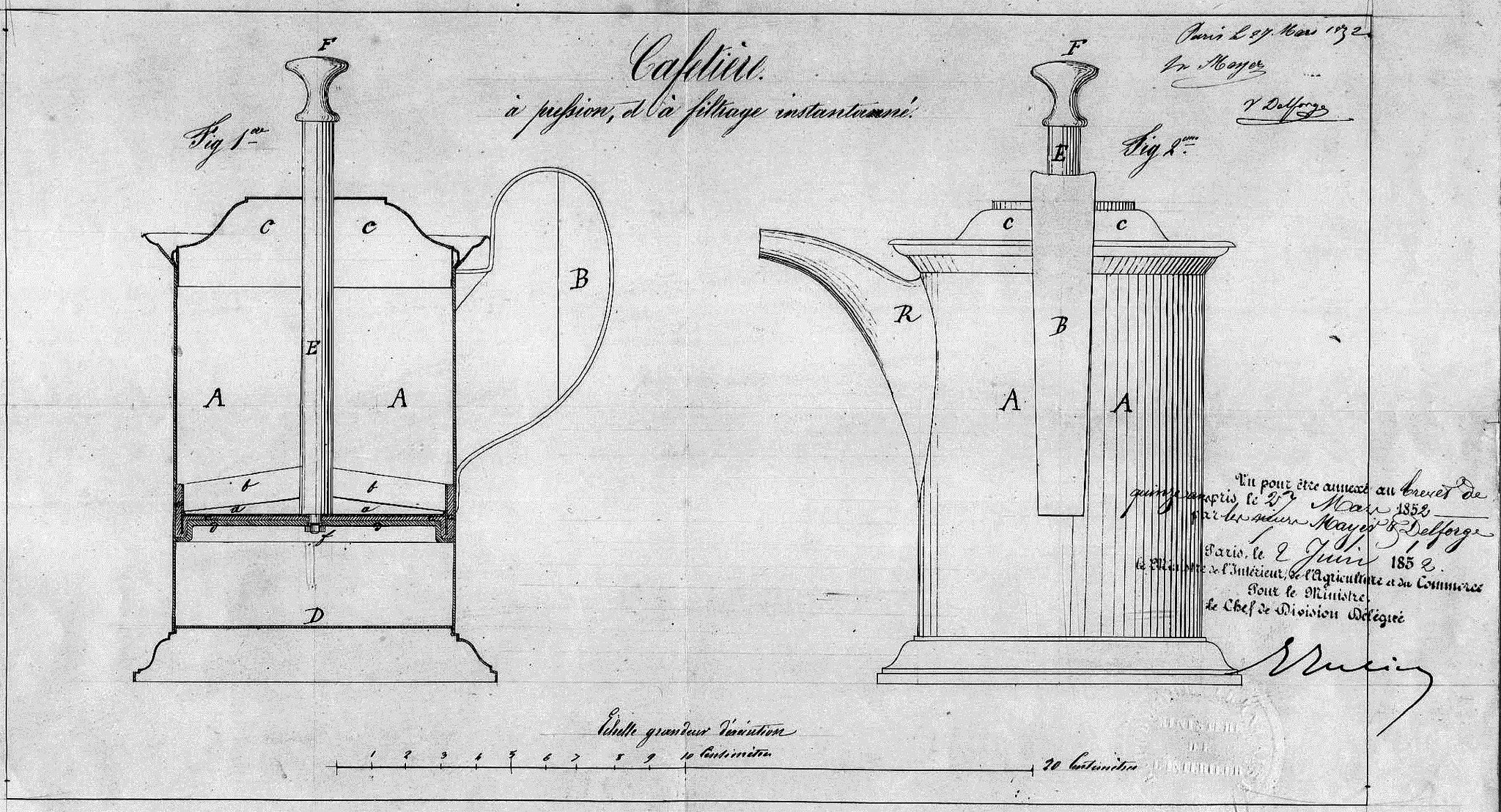 Patentzeichnung von Henri-Otto MAYER/ Jacques-Victor DELFORGE, 1852